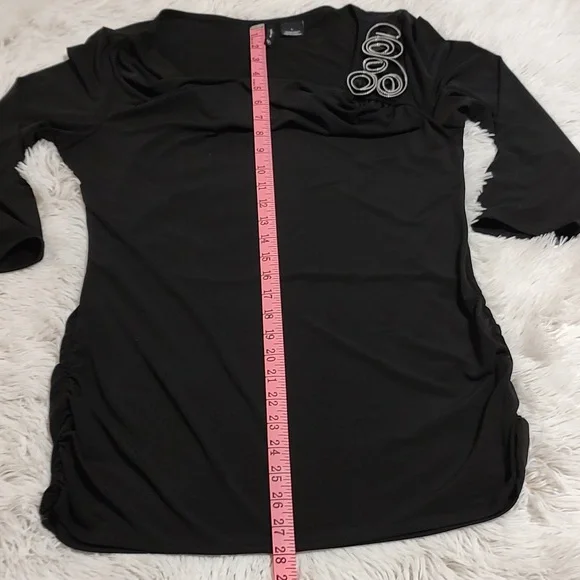 New Directions Stretch Cowl Neck Top Black ¾-Sleeve Ruched Metallic Detail Large - Picture 8 of 9